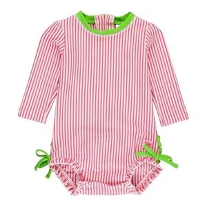 RuffleButts | Infant Seersucker Long Sleeve One Piece Rash Guard Hot Pink - 3-6m